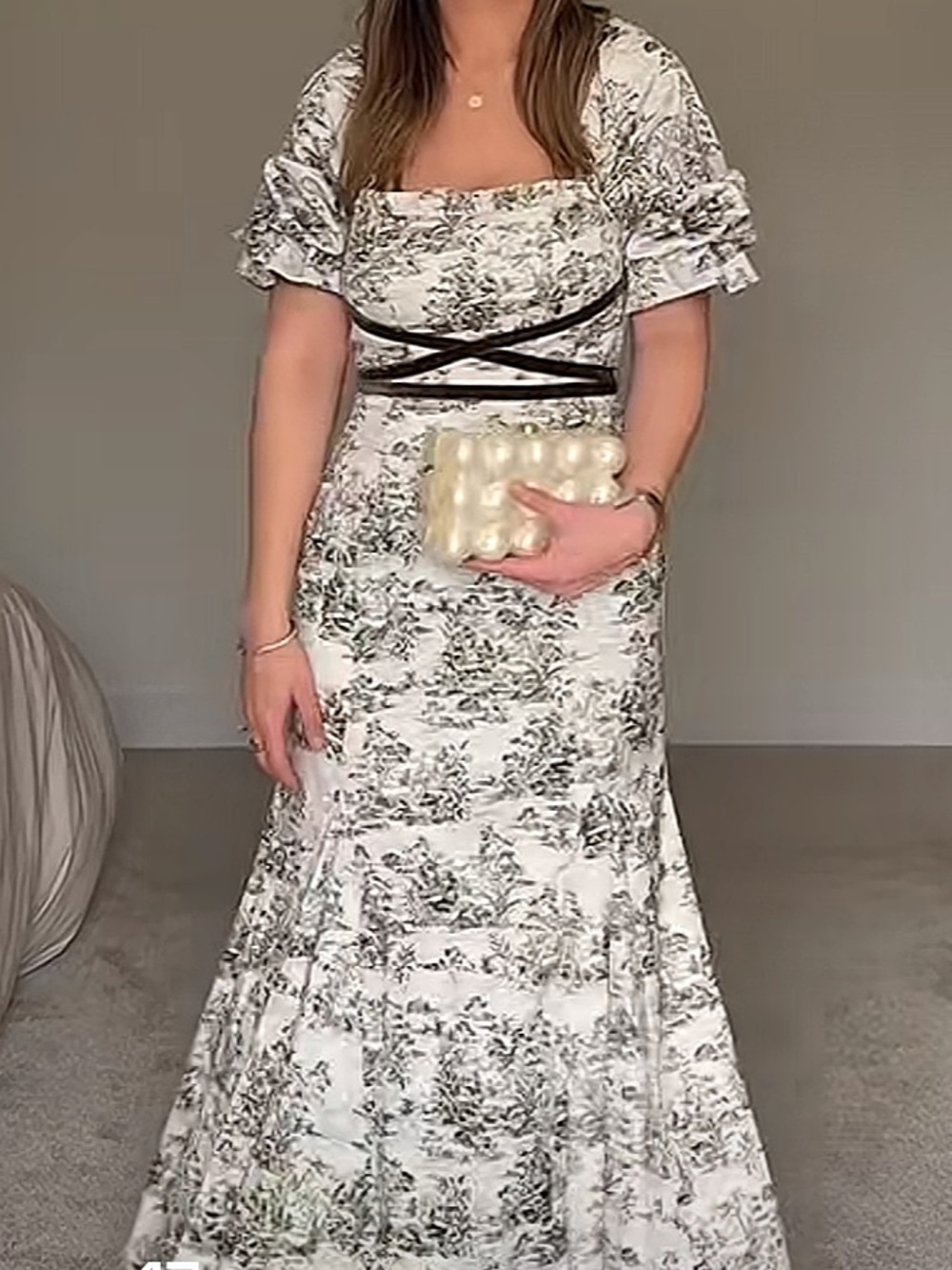ANTONIO MELANI Ivory Maxi Dress with Olive Toile Print and Velvet Trim - Picture 12 of 13